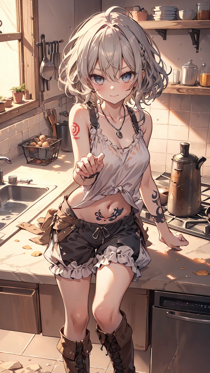 masterpiece, 1 girl, sparrow, a silver haired girl, wearing a medieval villager clothes, curly short hair, messy hair, slim body, he close her left eye, shirt ornament, ruby eyes, ahoge, baby face, beautiful eyes, boots, droopy eyes, her age is 19, nagisa_bluearchive, seductive face, short hair, seductive smile, curly hair, MongolPunkAI, medium breasts, view from right down, she tease you, lend a hand to you, she very close to you, smug smile, rainbow_one, tanktop, bloomers, crocth tattoo, necklace, angry, kitchen, sleeveless, navel