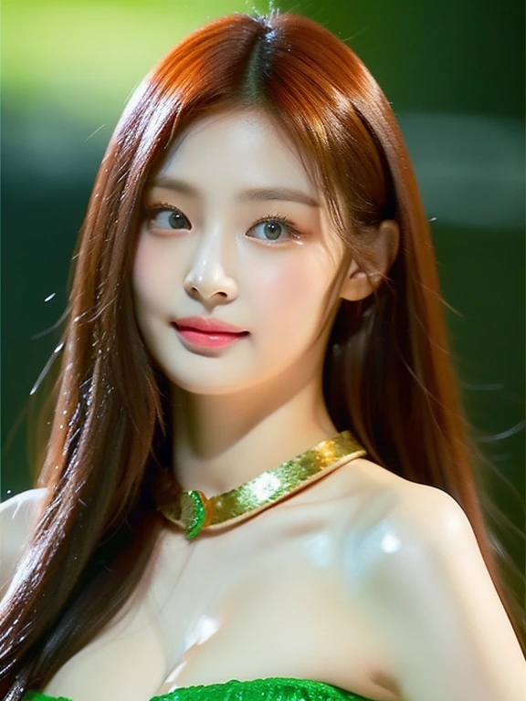 perfect figure beautiful woman：1.4，long Hair Style，Protruding cleavage，top clothing：1.5，Highly Detailed Face and Skin Textur，double eyelid，Whiten the skin，orange long hair，playing water，Collar golden, golden green eyes, bambi eyes, red hair