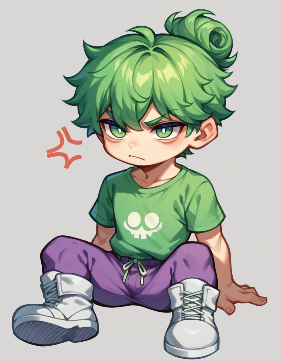 1 boy,  creepy green hair,  missing pupil , Purple pants , black t-shirt, Chibi, Pixel, white boots,  green sweatshirt tied around the waist, Curly frowns , anger,  hair up 