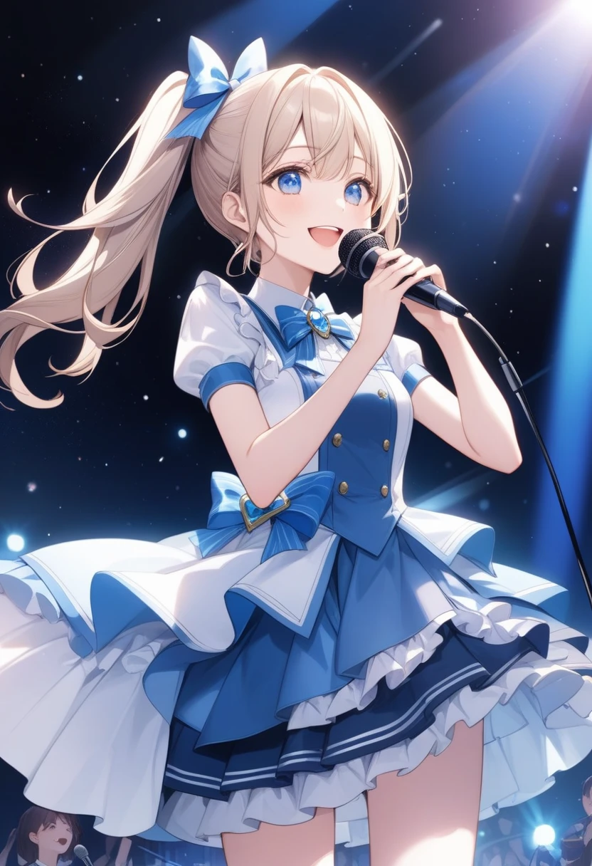  Best Quality、   absurd、   1 girl、Alone、Starry Sky、 thin青色の髪、  blue eyes  、happiness、smile、 kissing while staring at the audience 、thin、  side lock、   side ponytail 、Tightening、 Idol、Idol服、ホロライブIdolユニフォーム、Bow tie、      blue skirt      、brooch、  dress、   frill skirt、I'm singing on my microphone   、