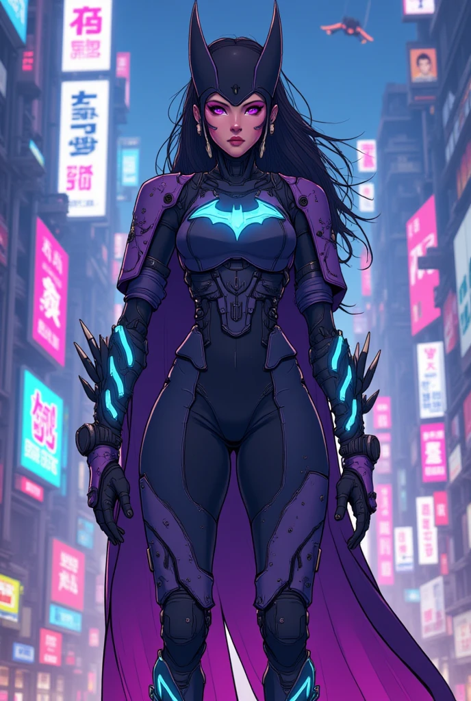 An intricate illustration of a futuristic, cyberpunk version of Batgirl set against the backdrop of a neon-lit, high-tech city. Her suit is a sleek, upgraded armor adorned with glowing neon accents, combining shades of black, deep purple, and vibrant electric blue, giving her a bold and edgy appearance. The armor seamlessly blends advanced technology with a streamlined, combat-ready design, showcasing her strength and agility. Batgirl stands in a powerful stance, her eyes fierce and focused, with the neon reflections adding an otherworldly glow to her suit. The cityscape behind her is filled with towering skyscrapers, holographic advertisements flashing in bright colors, and flying cars streaming across the sky. The ambient neon lighting and holograms create a dynamic, immersive atmosphere that captures the essence of a cyberpunk metropolis.
