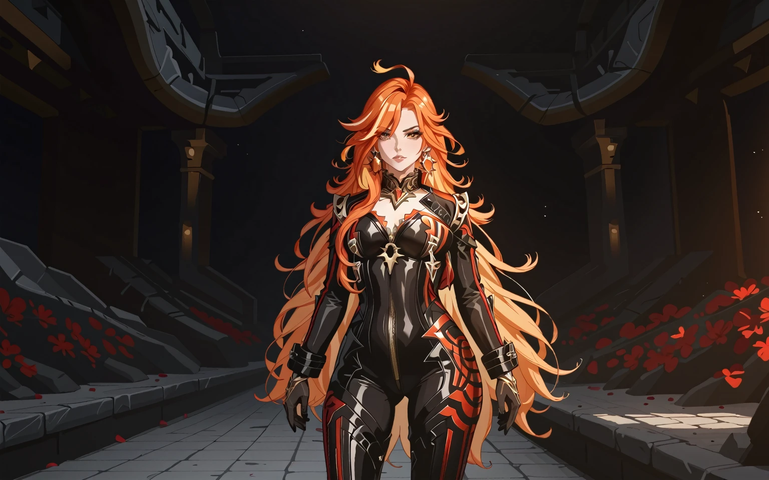 1girl, mavuika_(genshin_impact), long_hair, bodysuit, looking_at_viewer, wide_hips, ahoge, orange_hair, blonde_hair, orange_eyes, multicolored_hair, lips, black_bodysuit, streaked_hair, very_long_hair, gloves, jewelry, solo_focus, standing