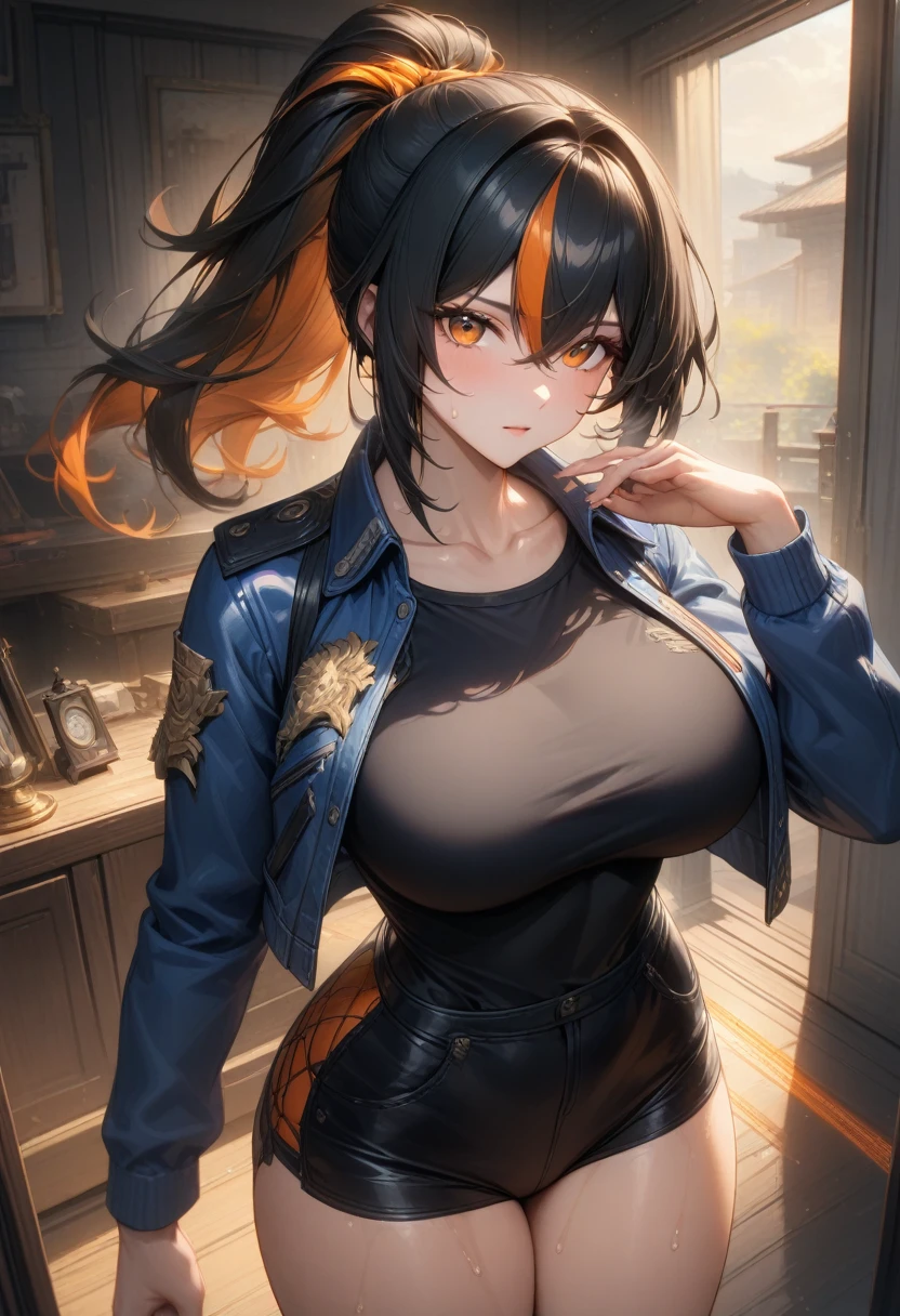 masterpiece,best quality,high resolution,8k,ultra HD,wallpaper,illustration,perfect face,cowboy shot,beautiful detailed eyes,extremely detailed face,perfect lighting,extremely detailed CG,perfect anatomy,perfect body,perfect hands,perfect fingers,1woman,full body,,muscle fighter body,(black long ponytail hair with orange mesh line hair:1.5),orange eyes,large breasts,Medium ass,,(blue open police jacket inner white shirt),black short hot pants,clothed,,collarbone,,looking at viewer,(),Steam,sweat, home,(Zenless Zone Zero character Zhu Yuan),adult,