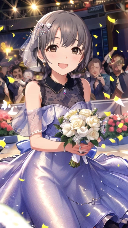 masterpiece, Best Quality,  high definition, Rico Yuisaki,  short hair,  Brown Eyes , wedding dress, garden,   Holding Bouquet, smile,  opens her mouth, Confetti,