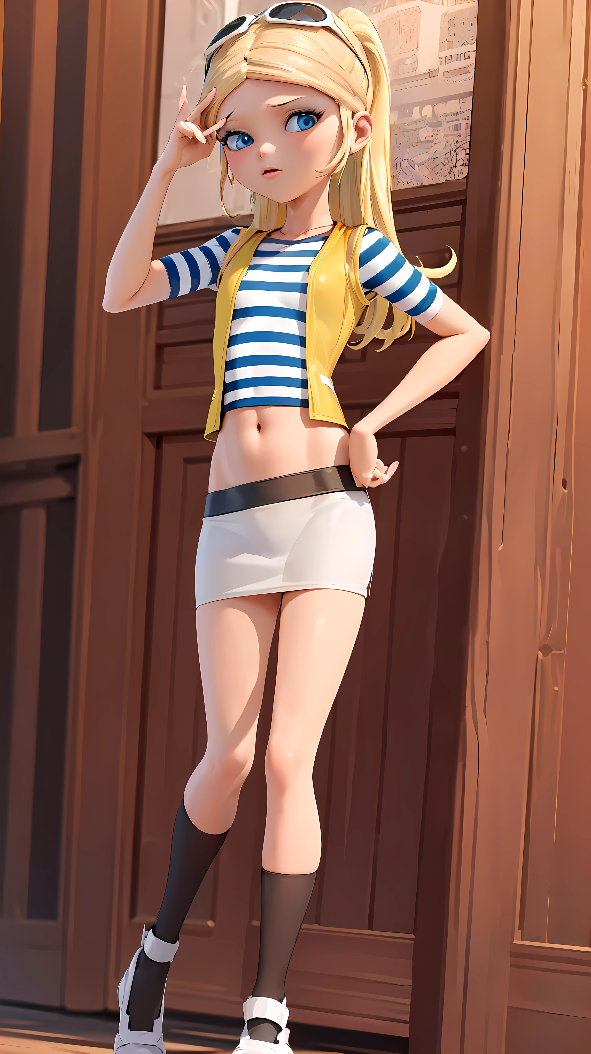 (8k, RAW photo, best quality, masterpiece:1.2), (intricate details), highres, perfect eyes, perfect face, perfect lighting, beautiful, (masterpiece:1.2), (best quality:1.2), 1girl, solo, chloe, blue eyes, blonde, sunglasses on the head, yellow beanie, yellow vest, white miniskirt, black white striped shirt, long yellow socks, navel shirt