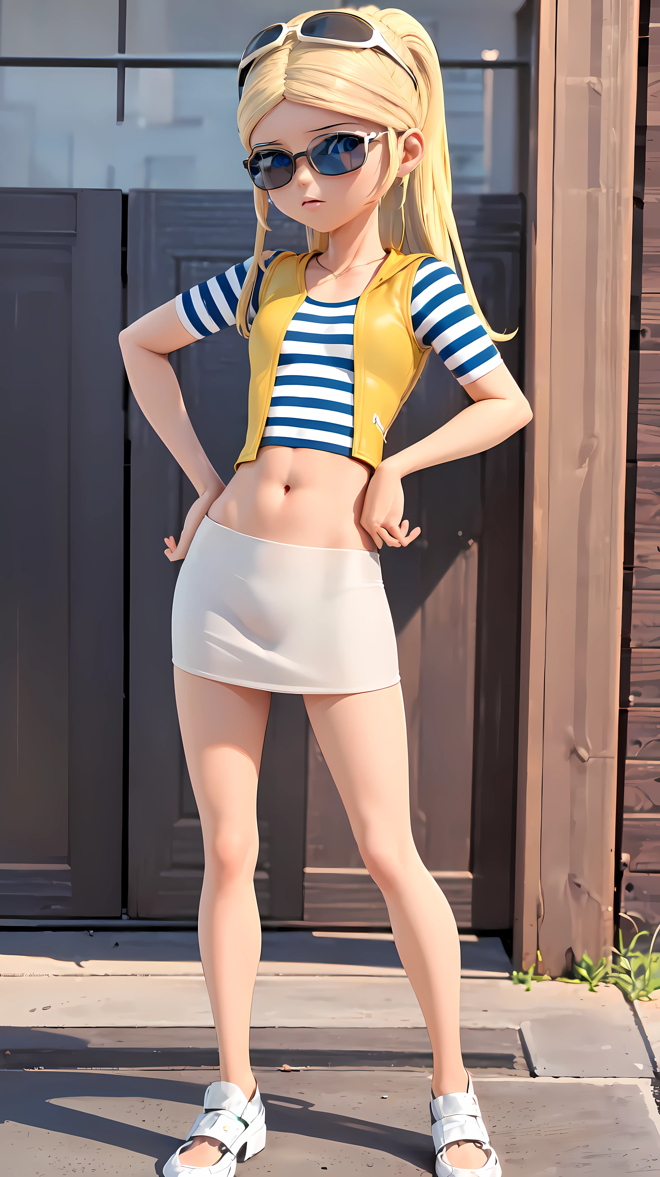 (8k, RAW photo, best quality, masterpiece:1.2), (intricate details), highres, perfect eyes, perfect face, perfect lighting, beautiful, (masterpiece:1.2), (best quality:1.2), 1girl, solo, chloe, blue eyes, blonde, sunglasses on the head, yellow beanie, yellow vest, white miniskirt, black white striped shirt, long yellow socks, navel shirt