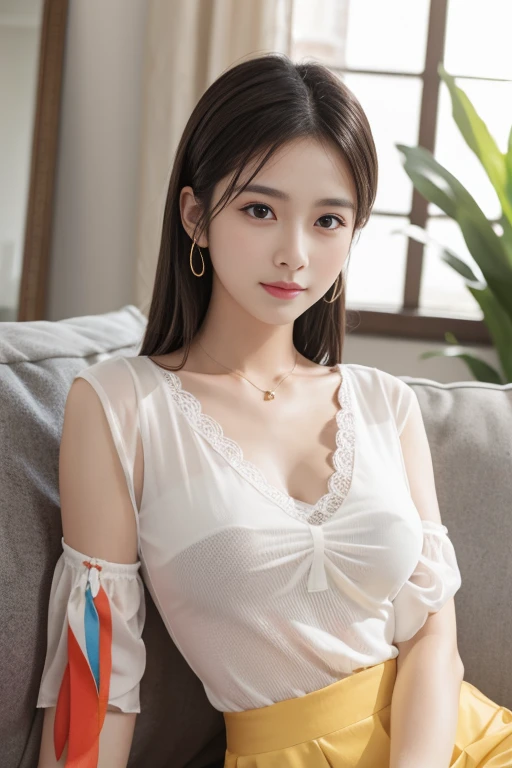 (RAW Photos), (Realistic), (masterpiece), (highest quality), High resolution, 8k, (Intricate details), (Volumetric Light), Portraiture, woman,Age 25, Medium Hair, Straight hair, Mid-chest, Layered Hair, Brown Hair, Very beautiful eyes, Source order, Very thin eyebrows, Very fine skin, Very beautiful mouth, Very nice nose, Cute like an idol, smile, (Thick lips), (Looking at the audience), (Elegant see-through pearl white blouse), Above the knee shot
