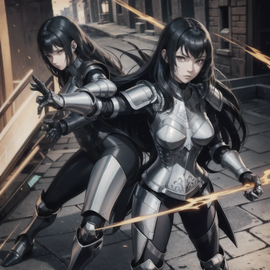 thick outlines, comics, photorealistic, perfect hands, masterpiece:1.2, 1girl, solo, standing, thin tights, red eyes, pauldrons:1.5, armor, bodysuit, armored boots, gauntlets, long black hair, medieval town, detailed face, detailed eyes, 