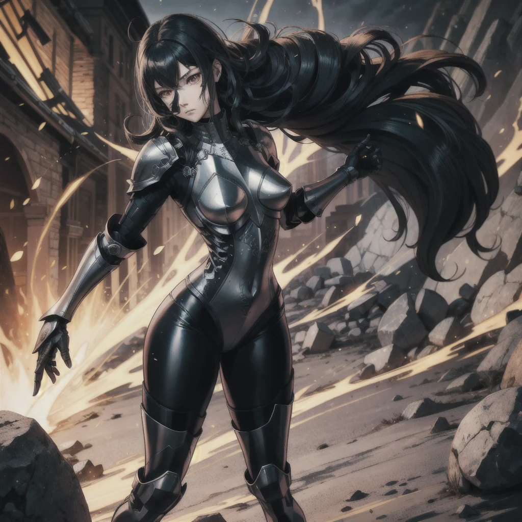 thick outlines, comics, photorealistic, perfect hands, masterpiece:1.2, 1girl, solo, standing, thin tights, red eyes, pauldrons:1.5, armor, bodysuit, armored boots, gauntlets, long black hair, medieval town, detailed face, detailed eyes, 