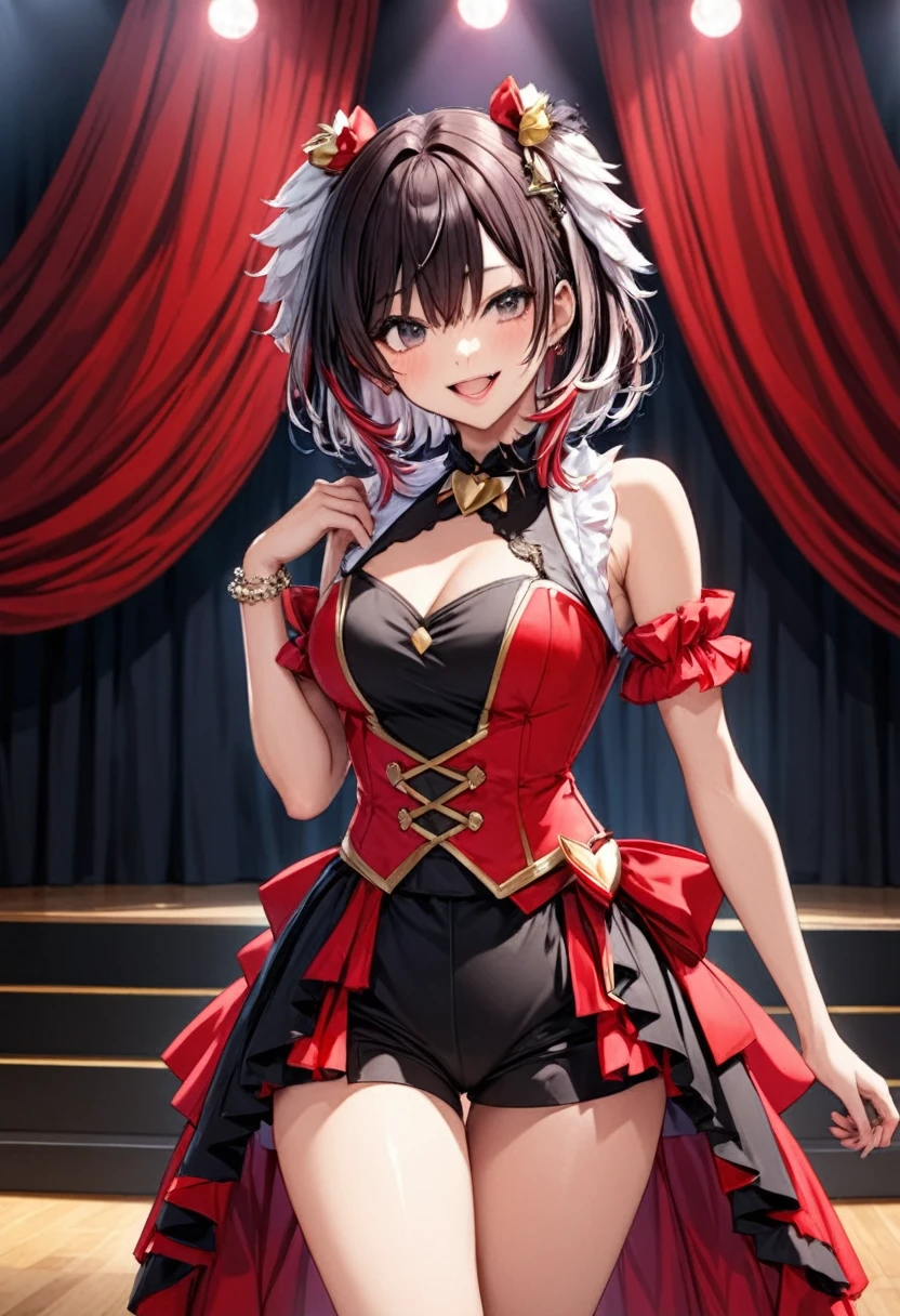 A woman with medium dark hair who is the ace of the Pretty Girl Group Idol"Haruna",  stage costume based on red and black