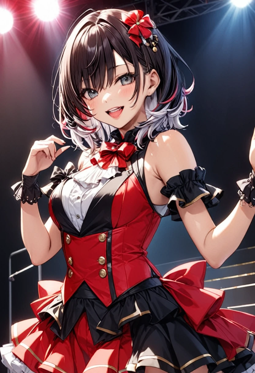 A woman with medium dark hair who is the ace of the Pretty Girl Group Idol"Haruna",  stage costume based on red and black