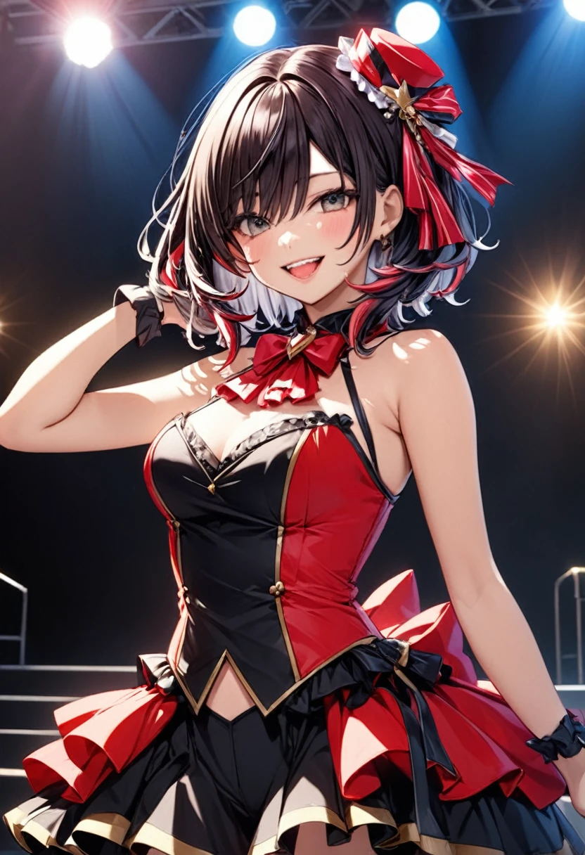 A woman with medium dark hair who is the ace of the Pretty Girl Group Idol"Haruna",  stage costume based on red and black