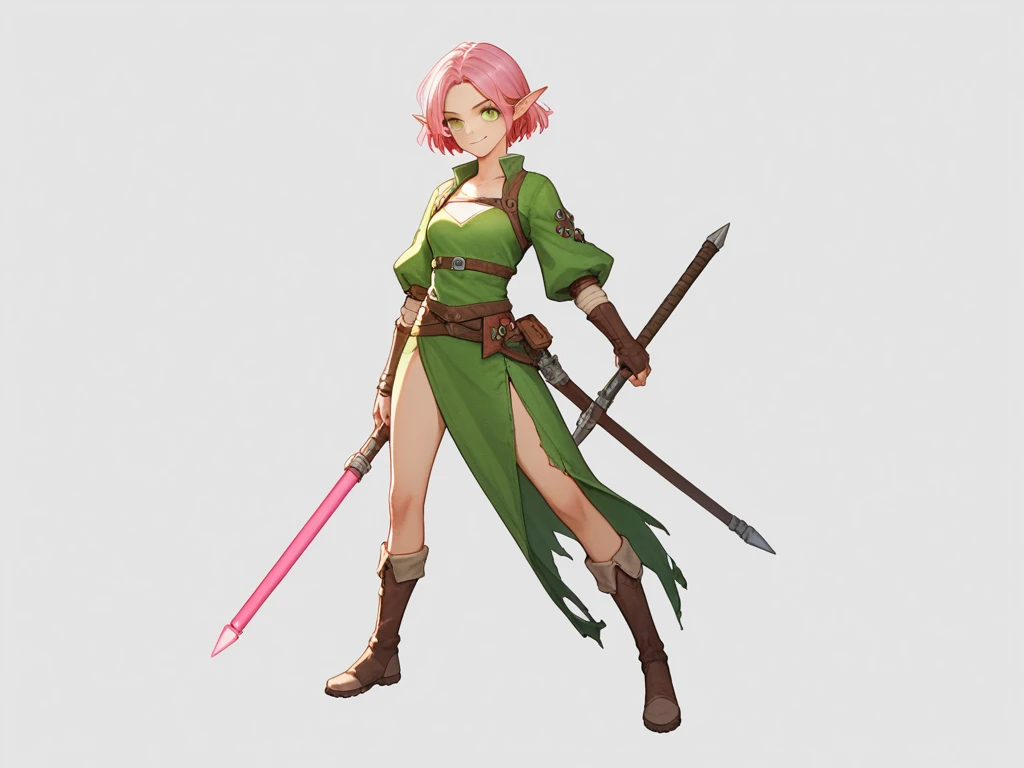 Full body, subject in semi-profile, 1 half-elf, woman, slightly pointed ears, small ears, short hair, pink hair, green eyes, slim, medium chest, nice legs, smiling, friendly, RPG clothes, rogue clothes, anime style, simple drawing, line drawing, anime, no background, no background, simple background, vibrant colors, colored drawing quality, anime quality, digital art quality