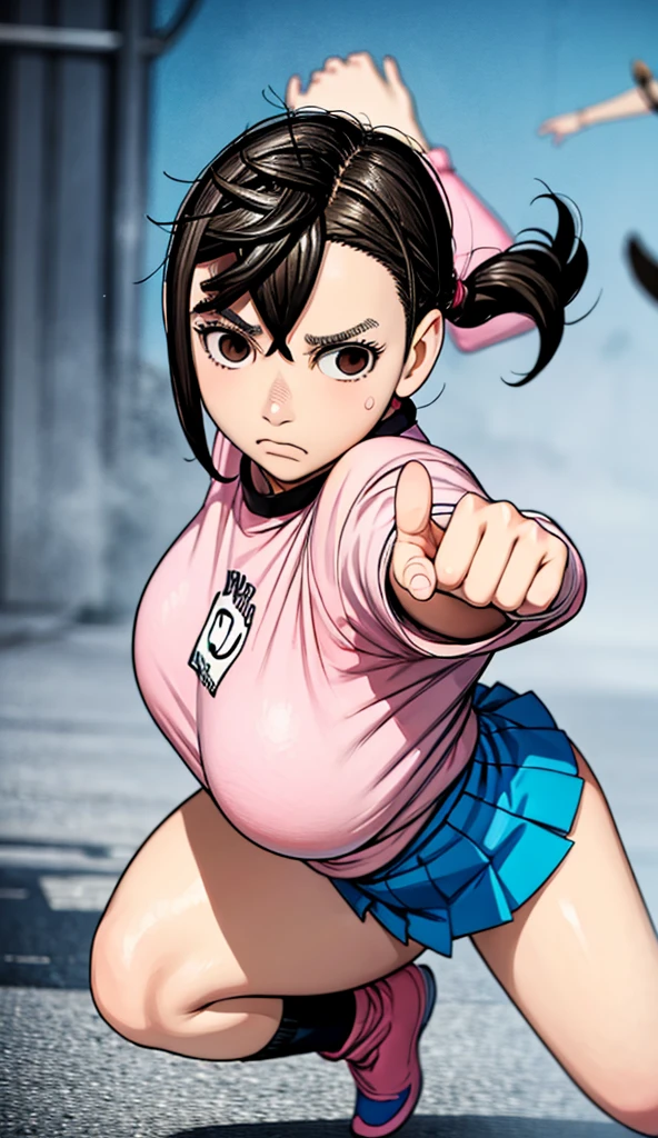 ((Momo Ayase)) a woman in a pink shirt and short blue skirt, kentaro miura art style, aya takano color style, urban girl fanart, cushart kenz, official art, anime style illustration, anime full body illustration, by Kose Kanaoka. Dynamic anime style illustration of Momo Ayase from Dan Da Dan, standing in a fierce martial arts pose with her hands outstretched and her big legs formed, ready for action. She is wearing a pink long-sleeved sweatshirt, short blue skirt and white leg warmers paired with black shoes. Her expression is serious and determined, with intense concentration in her eyes. Her brown hair, short and slightly messy, gives a sense of movement. The background features minimalist geometric shapes in soft beige tones, highlighting her powerful posture and energetic presence. The lighting emphasizes sharp shadows and vivid colors, accentuating the dynamic anime style and his strong, confident personality. A perfect blend of action, attitude and vibrant anime aesthetics.