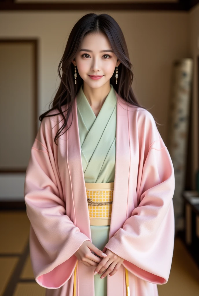 A photorealistic image of a young East Asian slender woman wearing a traditional outfit in a old japanese ttaditonal room. She is smiling and dressed in a light pink haori (a traditional Japanese jacket) with a geometric diamond pattern, worn over a kimono. The kimono underneath is light green with a yellow checkered design. She has long black hair and a calm, gentle expression, standing with her hands clasped in front of her in a modest pose. The setting is simple and neutral, allowing her traditional clothing and serene presence to be the focal point. The image conveys a sense of elegance, traditional Japanese culture, and grace