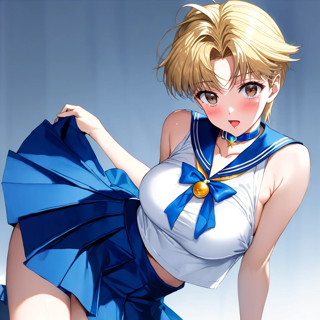 (Sailor uranus:1.5),(E-cup beautiful breasts)、 (tall:1.2),height: 175cm,Fashion model body type、clevage,Sexy long legs, pale blondy hair,very shortcut hair、boyish,brown eyes,  (sailor uranus costume,sleaveless white shirt,blue collar,blue ribon,blue skirt:1.5),Sweating all over the body、Muscular、1girl,solo,shy,blush,(vulgarity:1.2)、(Ahegao:1.3),Anime-style painting style,Close up on upper body,Cinematic lighting,Superfine,Seductively Posing,dynamic angle,extreme closeup shot,simple white background