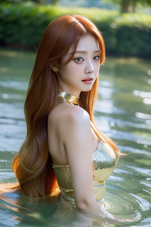 perfect figure beautiful woman：1.4，long Hair Style，Protruding cleavage，top clothing：1.5，Highly Detailed Face and Skin Textur，double eyelid，Whiten the skin，orange long hair，playing water，Collar golden, golden green eyes, bambi eyes, red hair