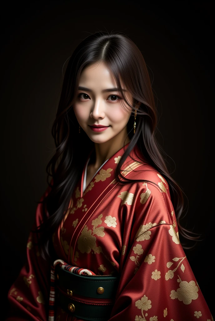 A photorealistic portrait of a young East Asian woman wearing a traditional kosode and uchikake. The setting features dramatic lighting, with strong contrasts of light and shadow, similar to a spotlight effect. The woman's figure is partially illuminated, casting deep shadows on the dark background, creating a moody, cinematic atmosphere. She is dressed in a richly colored uchikake with detailed floral patterns, which drapes elegantly over a kosode. The lighting highlights the textures of the fabric while leaving parts of the attire and her form in shadow. Her long, black hair moves subtly with the light, and her expression is serious and captivating. The overall scene blends traditional Japanese clothing with a modern, intense light and shadow effect, emphasizing both elegance and mystery