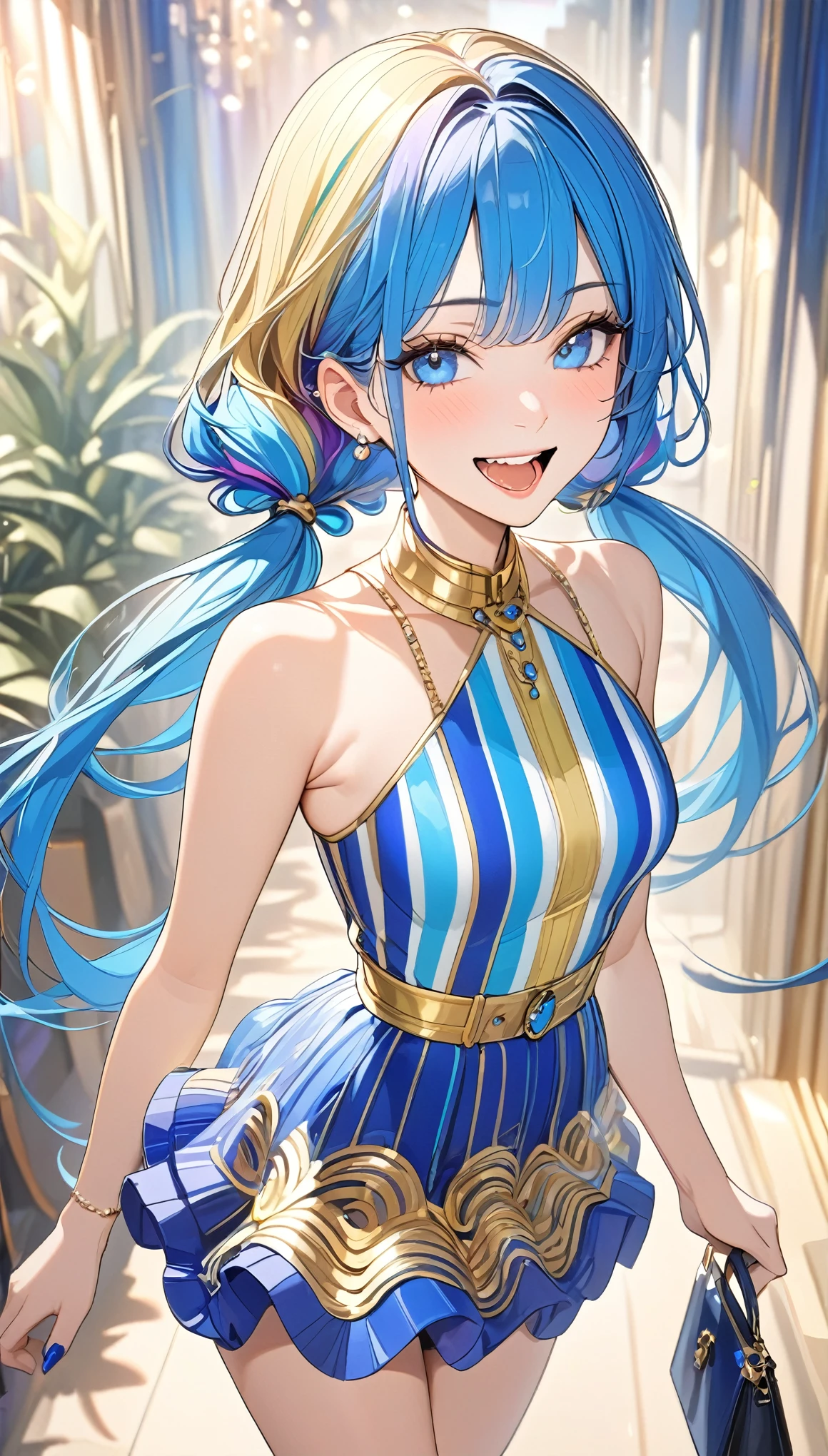 (((Best quality, 8k, Masterpiece: 1.3)), ((best quality)), ((masterpiece)), (detailed), perfect face, perfect body, Stylish, fashionable, psychedelic, colorful outfits, Elegant Dresses, Striped hair (gold and blue), long low twintails, Laugh with her mouth wide open