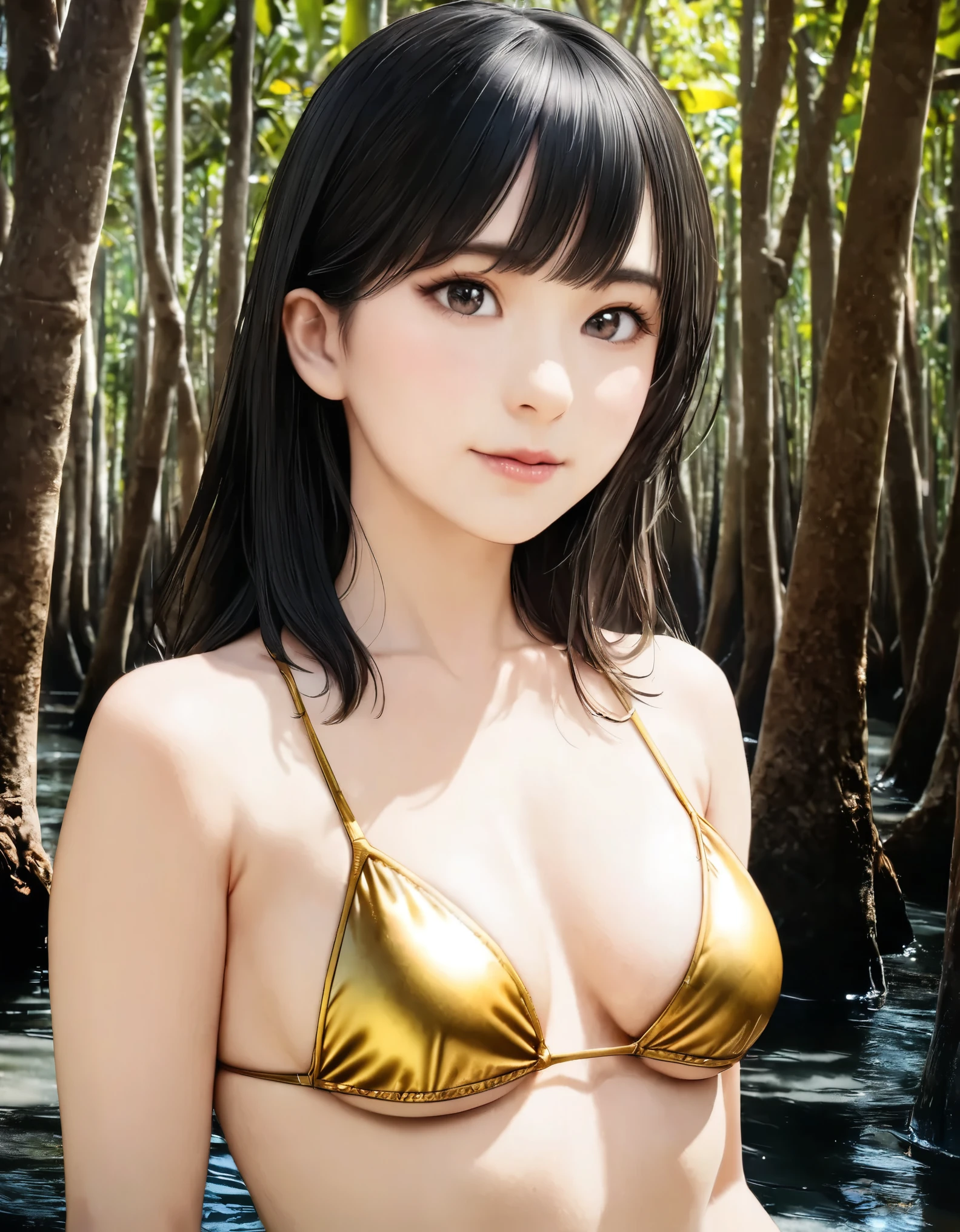 (best quality, 8k, high resolution:1.2), 1girl, golden bikini, mangrove forest, upper body