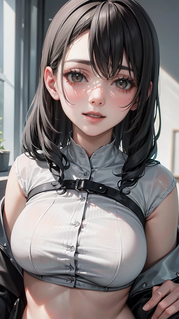 ((Realistic face, Tempting, Adult appearance,  White eyes )), ( grey cropped top,   black underwear, Short clothes), ( long black hair), (20 yr), ( 1 girl at home), (4K style ))