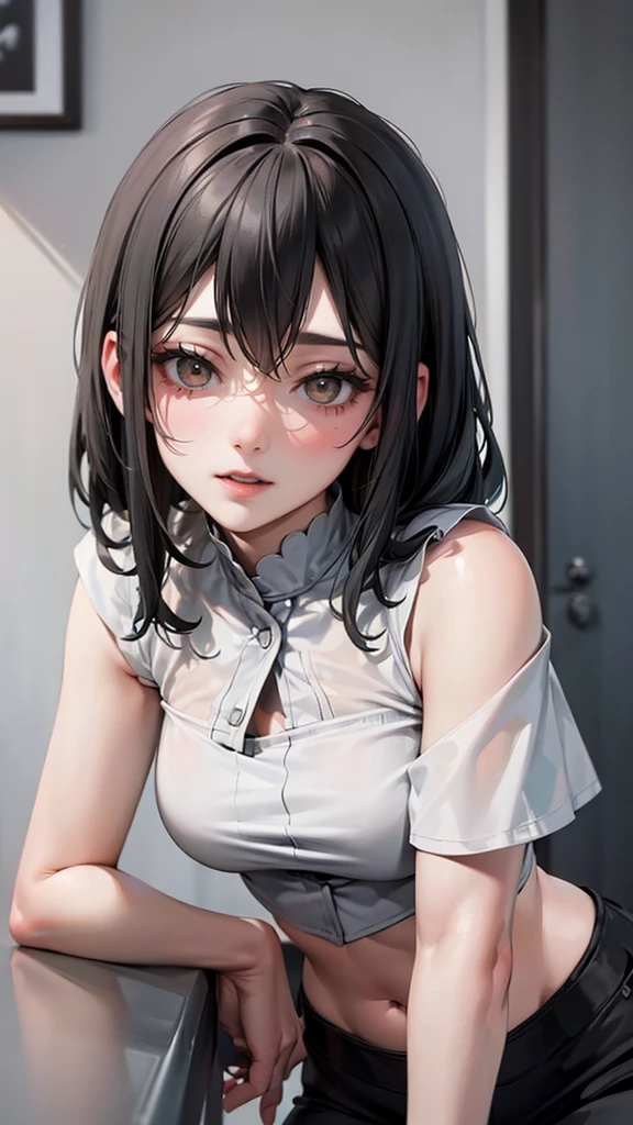 ((Realistic face, Tempting, Adult appearance,  White eyes )), ( grey cropped top,   black underwear, Short clothes), ( long black hair), (20 yr), ( 1 girl at home), (4K style ))