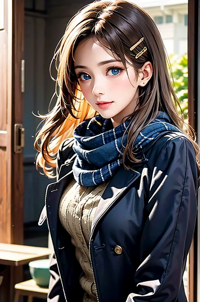 (masterpiece),(Best Quality:1.2), one girl playing pranks,(Masseter region:1.3), Refined details, Best Qualityの8K解像度, Super detailed, Realistic,  bright color, Soft tone, Warm and gentle lighting,( beautiful plaid scarf:1.3)(Brown long coat:1.2)  evening ,Big Sunset,(  smooth, straight blond hair  :1.2),(Hair parted in the middle:1.3),(Sparkling Hair),(Dark blue eyes:1.3), white skin,  hair clip that invites you with your hand,clock, full of gentle and gentle emotion  ,(The promenade is full of flowers),Sunshine,Warm golden glow,Happiness and laughter,Super detailedな描写と bright colorにこだわって.   style that combines romanticism and realism 、 and the lighting is softly diffused ..,  gently illuminate your face with a palette of colors ,This work is a masterpiece,