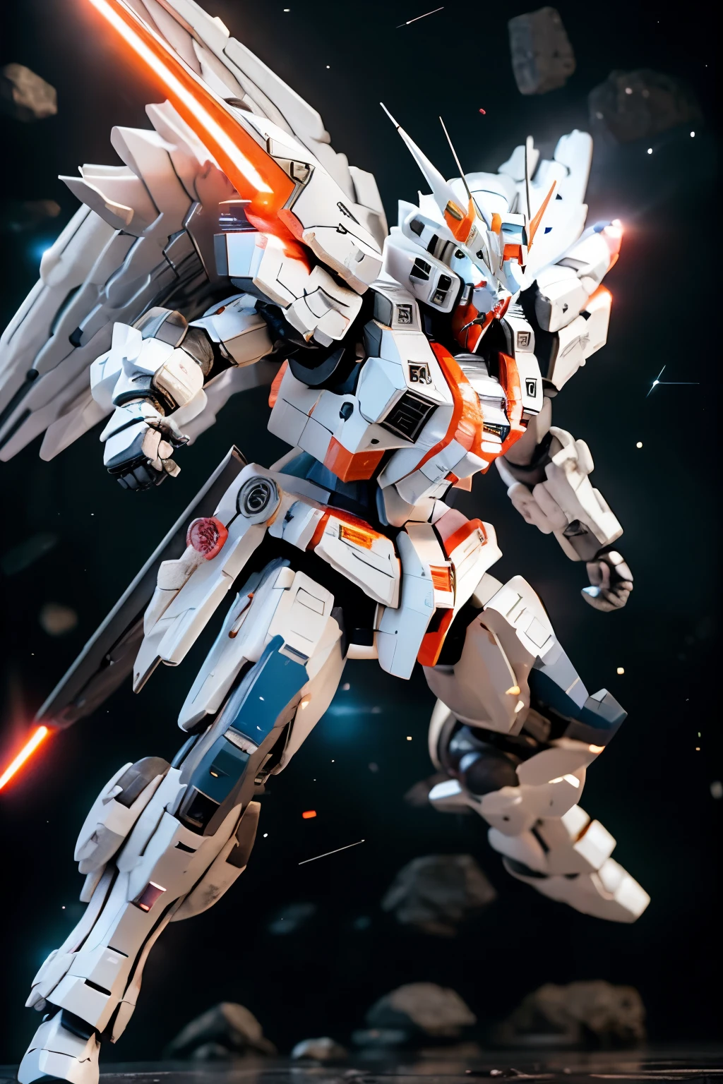 World view of Mobile Suit Gundam, stomach.  The stage is the future sci-fi world of the 79 Space Century ,  piloted by Amro Ray of the Federal Army who bravely confronts the MX-78-2 Gundam ,  RX-78-2 Gundam ,の激しstomach戦闘シーン,  piloted by Char Aznable who wields a beam saber Dynamic pose where Gundam with a straight beam saber is approaching ,  Amuro Rey waits for a counterattack 、 Dramatic lighting green aura where the bright bink-colored energy light from Gergug's Beam Saber intersects with the light emitted by Gundam's yellow beam saber ,  with a beam saber in his hand .   The background is a starry sky and bink-colored and yellow beam light flying around with the starry sky and orange blasting light in the distance, 対決の壮大な雰囲気を高めてstomachる, Amuro Rey's entire fuselage is all white , 肘と膝だけ赤く塗られてstomachる, 手には鉄色の長stomach銃身のビームライフルを持ってstomachる, The photo is a frame from the chest to the head of the aircraft, 