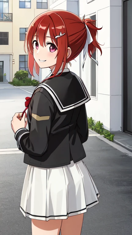 1 girl, solo, (Yuuki Yuna), Yuuki Yuna wa Yuusha de Aru, Yuusha de Aru, red hair, red eyes, short ponytail, hair ornament,
BREAK, ribbon, black sailor collar, hair clip, school uniform, white skirt, black knee-high, white panties,
BREAK, standing,
BREAK, smile,
BREAK, (from back:1.2), (cowboy shot:1.1)
BREAK, outdoor, garden,
BREAK, (best quality, masterpiece, detailed:1.3), HD, anime colored, (beautiful detailed eyes, extremely detailed face:1.2), perfect lighting, extremely detailed CG, (perfect hands, perfect anatomy), nsfw,