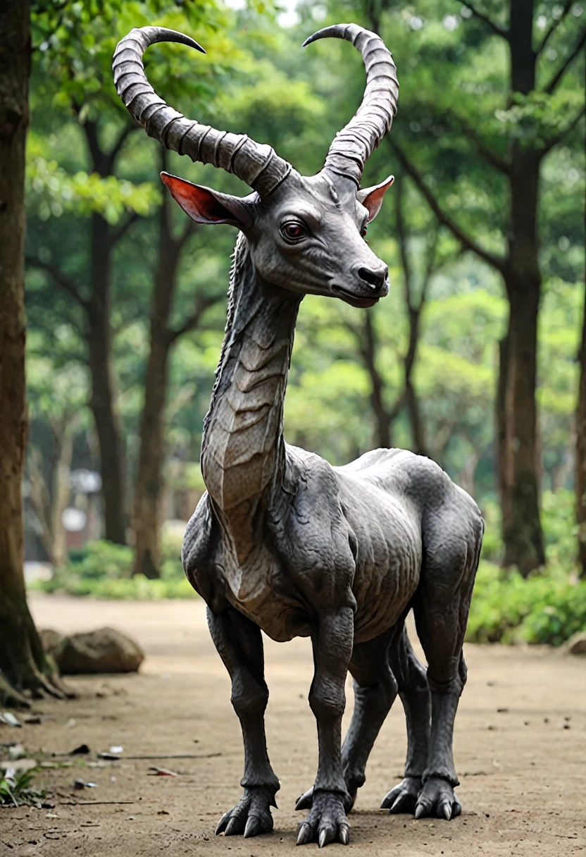 That beast has horns growing from its head 、 Long neck,Short legs 、