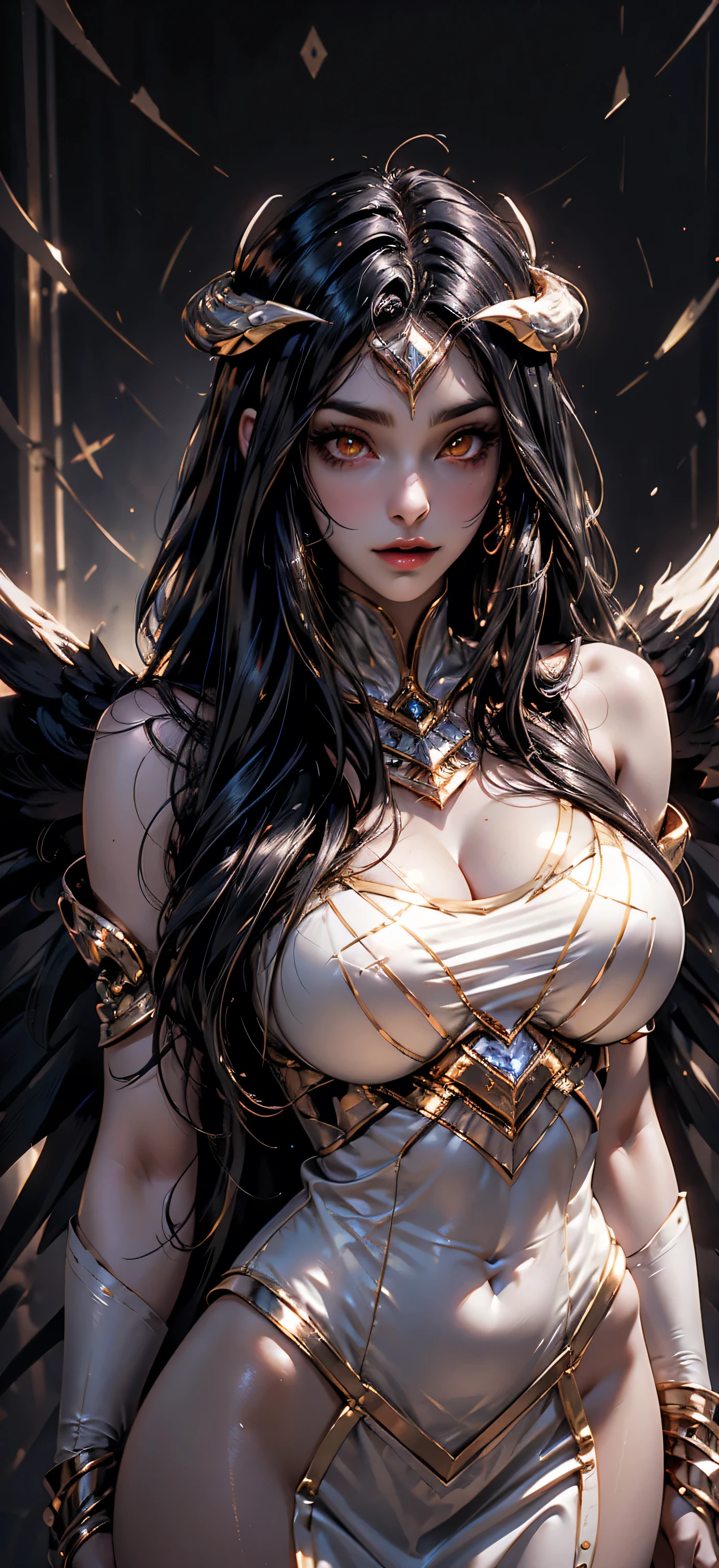 A (super realistic, 8k_resolution) beautiful sexy woman(albedo _overlord) with (orange_eyes with perfect_detailing) and white_attire(detailed) with gold jewellery on perfect huge sexy breasts, beautiful breast, black long beautiful hair, hyper detailed black  wings ,(wallpaper style eyes )(wallpaper style body pose)(standing in middle with complete face visible and both eye to eye contact)(every thing with best detailing)