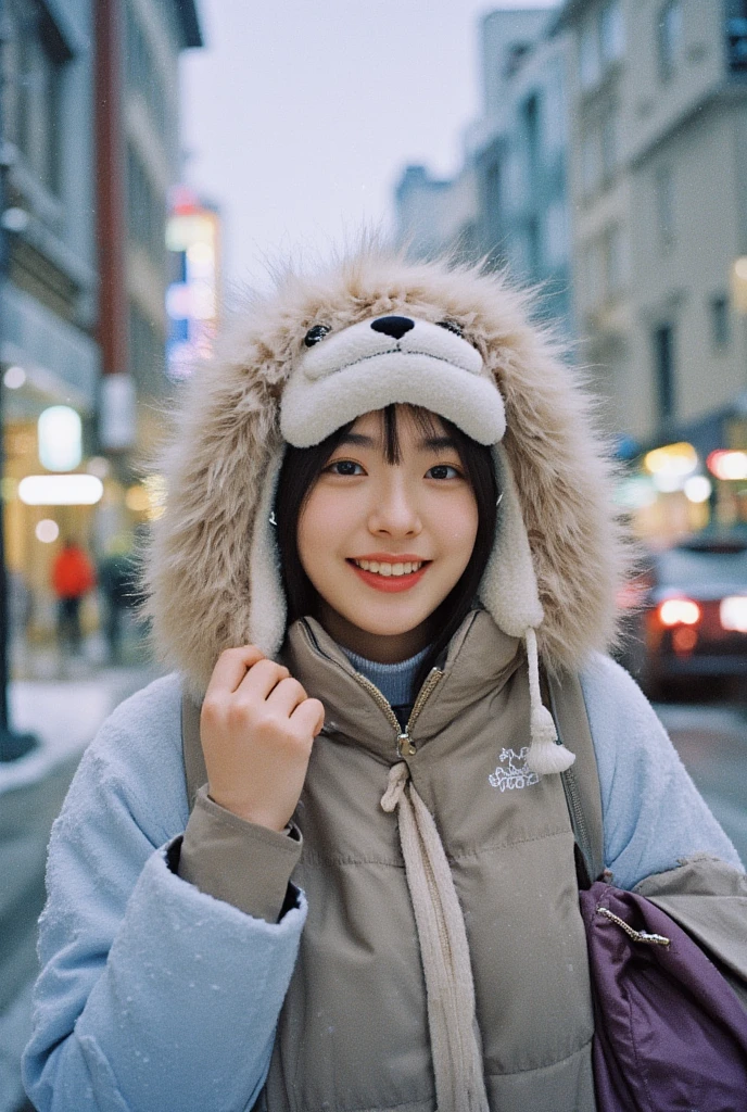 RAW photo, delicate, best quality, intricate details hyper detail, finely detailed, colorful, 8k uhd, film grain, soft lighting, studio lighting, Fujifilm XT3, photorealistic, soft lighting, photorealistic, Film grain, Film Photography 

In a snowy city, a cute Korean girl is walking down the street wearing only a padded jacket and a fur hat. She is not wearing any pants at all. She is smiling brightly. Retro film.