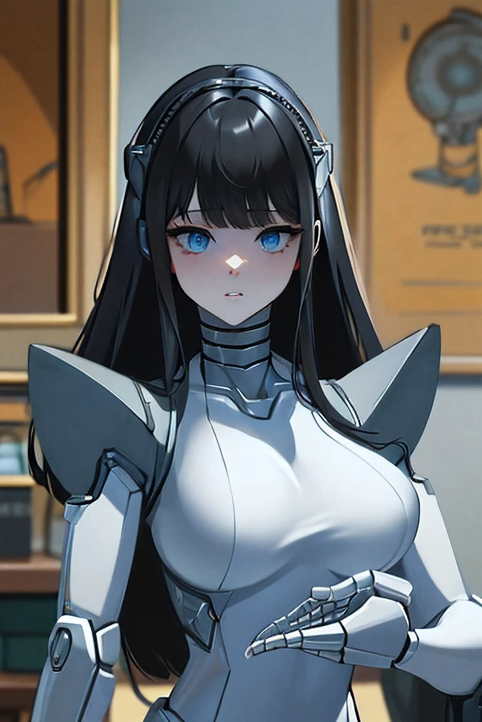 (masterpiece),(Highest quality),(Super detailed),(Best illustrations),(Best Shadow),(Absurd),(Detailed Background),(so beautiful), 16K, 8K, 4K,(Best Shadow),robotization,woman ,big bust,Robot Joint ,Metal skin,Black robot Suit,long hair,a black robot suit that covers the whole body,robot hand,cyber bodysuit,mecha head,(Detailed hands and fingers:1.2),Ball joint robot body,doll joint,beautiful face,beautiful robot girl,robotic eye,robotic hands,(no more human skin),android girl,cyborg girl,F cup, sexy body,(machine made joints:1.2),(machanical limbs:1.1),(blood vessels connected to tubes),(mechanical vertebra attaching to back),(mechanical cervial attaching to neck),no messy picture style,no emotion,tech control,black robot suit