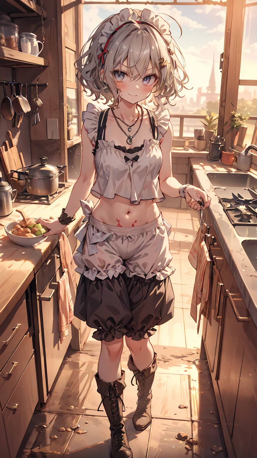 masterpiece, 1 girl, sparrow, a silver haired girl, wearing a medieval villager clothes, curly short hair, messy hair, slim body, he close her left eye, shirt ornament, ruby eyes, ahoge, baby face, beautiful eyes, boots, droopy eyes, her age is 19, nagisa_bluearchive, angry face, short hair, seductive smile, curly hair, MongolPunkAI, medium breasts, view from right down, she tease you, lend a hand to you, she very close to you, smug smile, rainbow_one, tanktop, bloomers, crocth tattoo, necklace, angry, kitchen, sleeveless, navel, maid headband