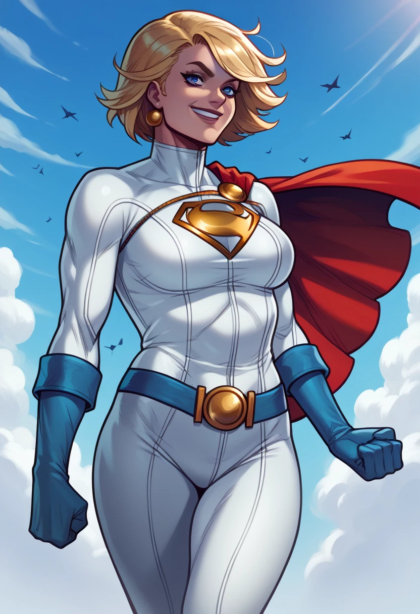 The character Power Girl, perfect costume, smooth curves, blond hair, perfect blue eyes, beautiful smile, flying in the sky (atirando raios Leizer pelos olhos) voluptuosa, levantando um carro para cima