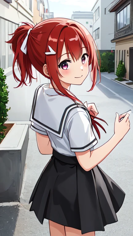 1 girl, solo, (Yuuki Yuna), Yuuki Yuna wa Yuusha de Aru, Yuusha de Aru, red hair, red eyes, short ponytail, hair ornament,
BREAK, ribbon, black sailor collar, hair clip, school uniform, white skirt, black knee-high, white panties,
BREAK, Casual Stance,
BREAK, smile,
BREAK, (from back:1.2), (cowboy shot:1.1)
BREAK, outdoor, garden,
BREAK, (best quality, masterpiece, detailed:1.3), HD, anime colored, (beautiful detailed eyes, extremely detailed face:1.2), perfect lighting, extremely detailed CG, (perfect hands, perfect anatomy), nsfw,