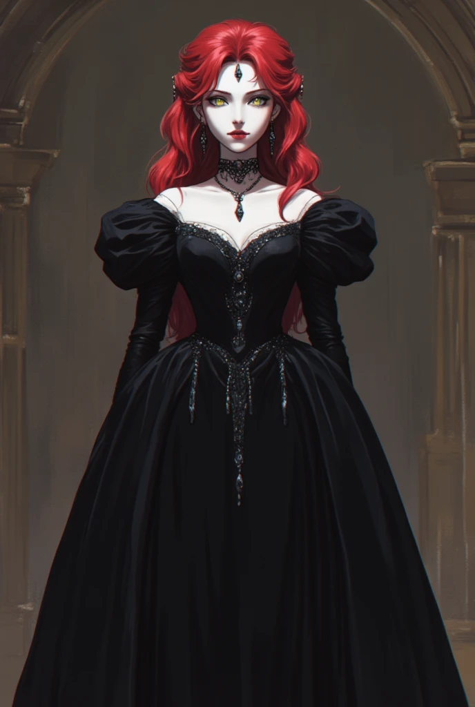 Vampire woman, with long red hair and yellow Eyes, elegant queen, black goth dress