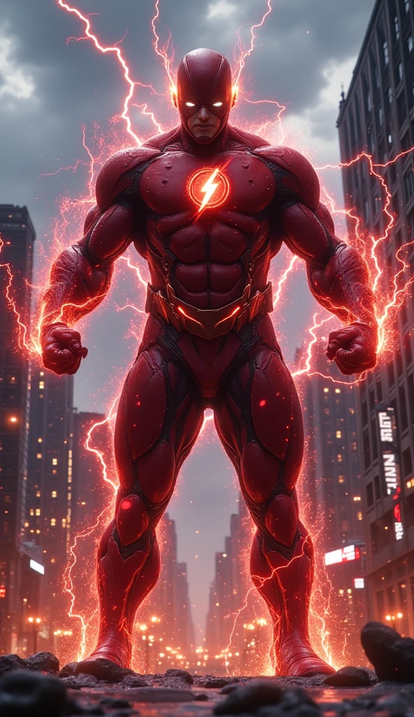 "Create a towering, Titan-like version of The Flash standing amidst a dark cityscape, his colossal, muscular body rippling with raw energy, veins visible and surging with crimson lightning. His suit, iconic yet now adapted to his massive frame, features deep battle scars, with torn sections exposing his monstrous, powerful physique. His eyes are blazing white with fury, and his expression is animalistic, filled with intense, primal rage as he glares down at the city beneath him. Lightning crackles wildly around him, illuminating his enraged face and clenched fists, as if he's on the verge of unleashing devastating speed-driven destruction. The tattered lightning bolts on his suit and fragmented mask give him a feral, fearsome look. The background reveals a sprawling city, dimly lit with neon signs and tall buildings, some of which are damaged by the aftershocks of his power. Storm clouds swirl above, with lightning illuminating the scene in pulses. Capture this in a cinematic wide shot, emphasizing The Flash's terrifying Titan form, his monstrous fury, and the apocalyptic feel of the rain-soaked, chaotic cityscape, with shadows, lightning, and fog adding to the intense, menacing atmosphere."