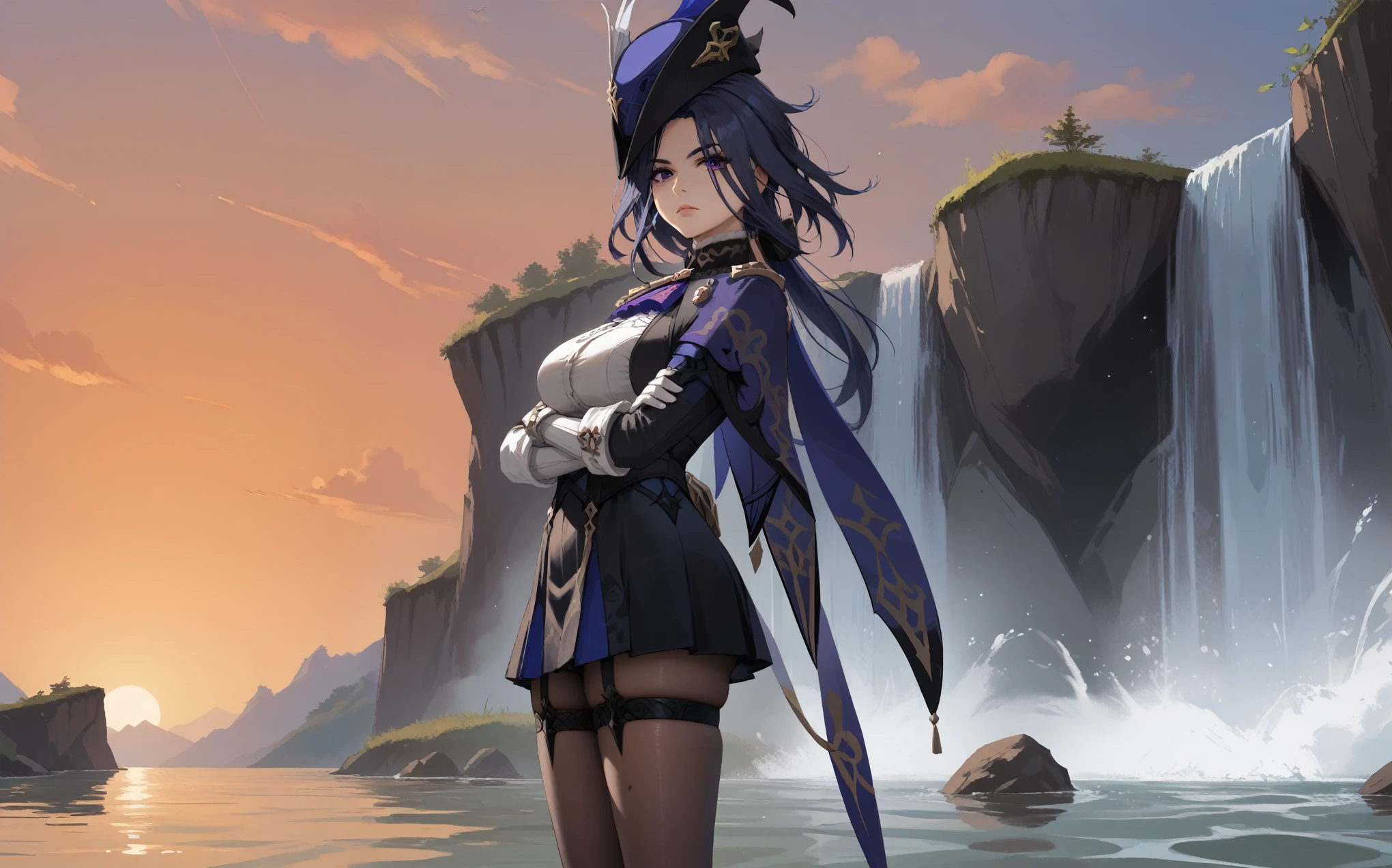 1girl, solo, crossed_arms, gloves, tricorne_hat, water, purple_eyes, long_hair, pantyhose, breasts, looking_at_viewer, outdoors, waterfall, thigh_strap, white_gloves, blue_hair, clorinde_(genshin_impact), long_sleeves, sky, cliff, sunset, serious, skirt