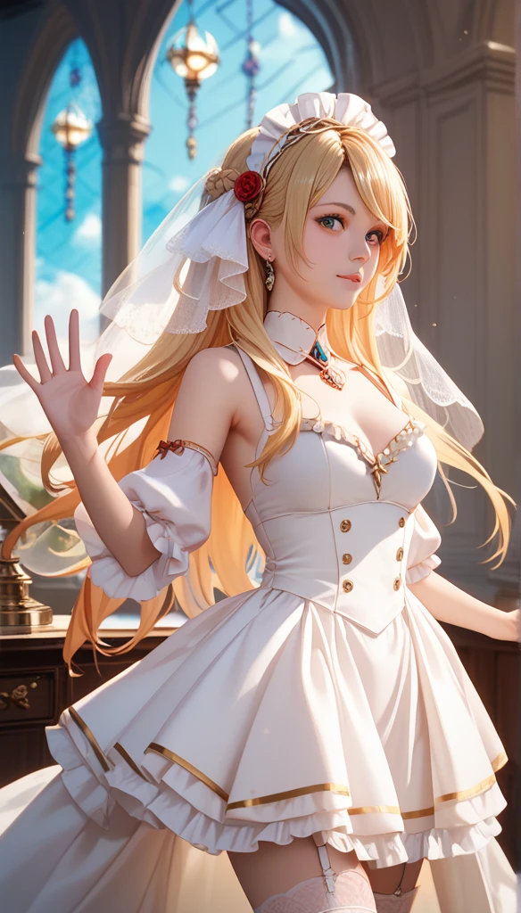  best quality,High Detail, masterpiece , super detailed,illustration,blond ,Headdress,Standing,indoor,Very_absurdres,1 Girl,Medium bust size,Red and swollen nose , actual ,Long hair,summer_skirt,Garter,beautiful girl,waving sv98