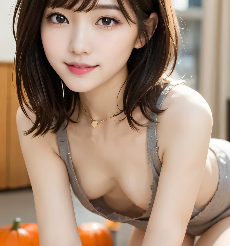 Best Quality、8k、 Compensate、masterpiece、 ultra high resolution、Realistic、 professional lighting visible right in front of you、Natural Light、smile、Ultra slim、Slender body、(Very cute girl、beautiful girl、Cute Yoda Yuki、The cutest in the world)、Baby Face、Small face、Idol Class、 white skin、(Small breasts:1.4、 flat chest:1.4)、 very short hair :1.6、Brown Hair、 Lean Forward :1.6、  abstract Halloween background with visible cleavage  :1.8、Woman in sexy pajamas:1.6