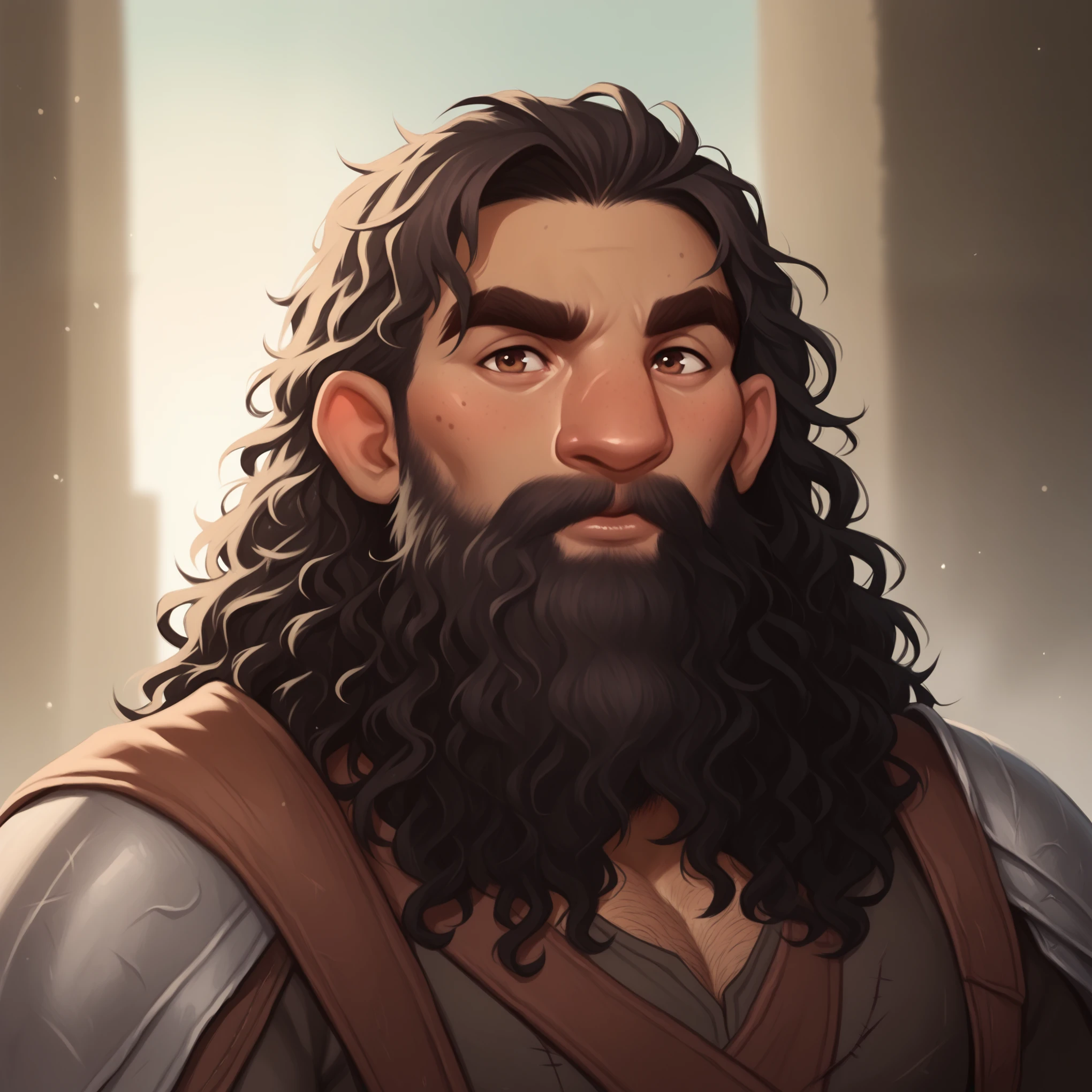 (((beautiful, high quality, comics style, detailed face))), score_9, score_8_up, score_7_up, BREAK, a young male barbarian:1.3, high stature, big nose, dark curly hair, messy voluminous hair, long beard, (((muscular))), ((wide shoulder)), tanned skin, ((bushy eyebrows)), hairy body, solo, portrait, upper body, portrait, facing viewer, confused, goofy expression, barbarian clothes, fantasy outside, blurred background, Expressiveh, detailxl