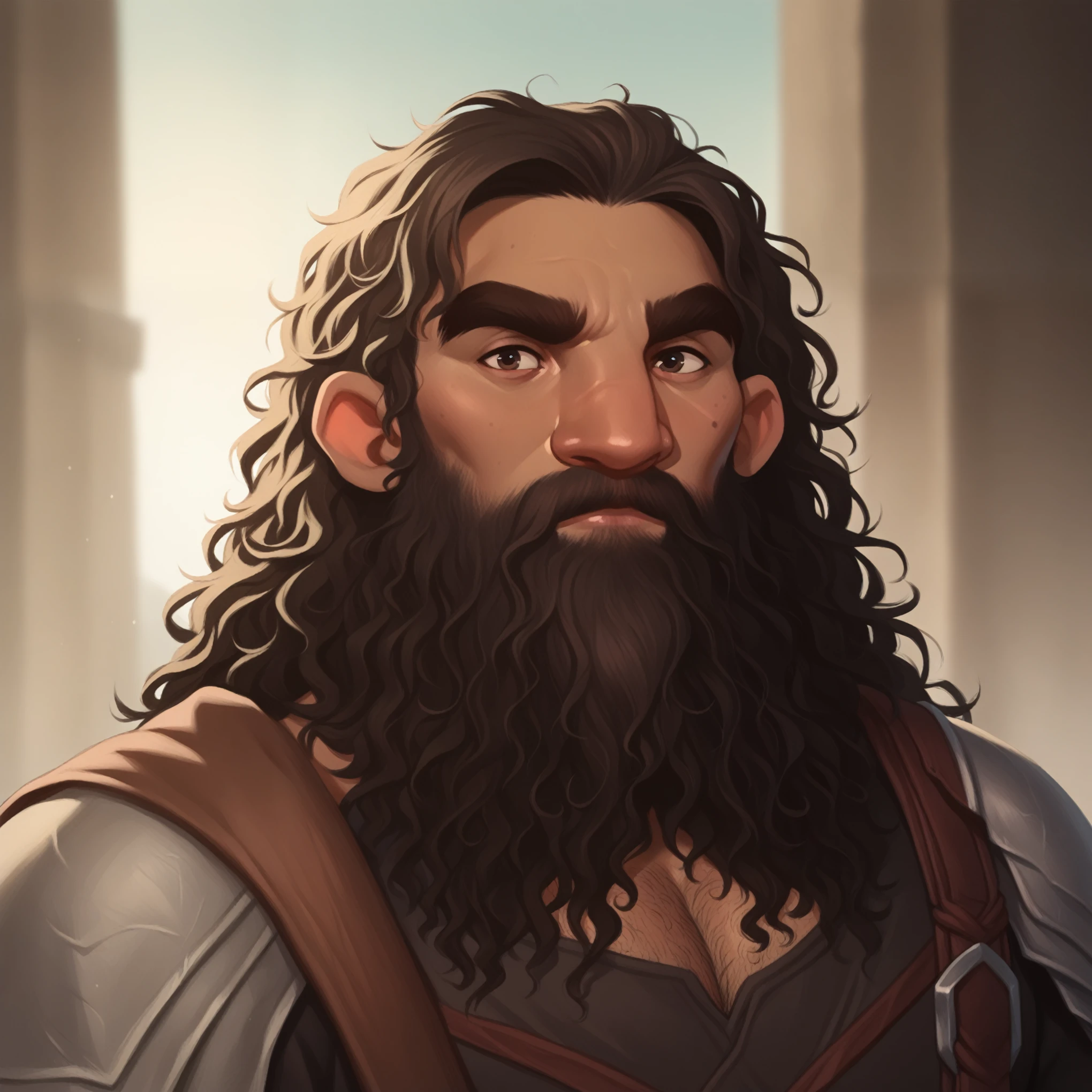 (((beautiful, high quality, comics style, detailed face))), score_9, score_8_up, score_7_up, BREAK, giant, a male barbarian:1.3, high stature, big nose, dark curly hair, messy voluminous hair, long beard, (((muscular))), ((wide shoulder)), (((mature man:1.1))), tanned skin, ((bushy eyebrows)), hairy body, solo, portrait, upper body, portrait, facing viewer, confused, goofy expression, barbarian clothes, fantasy outside, blurred background, Expressiveh, detailxl