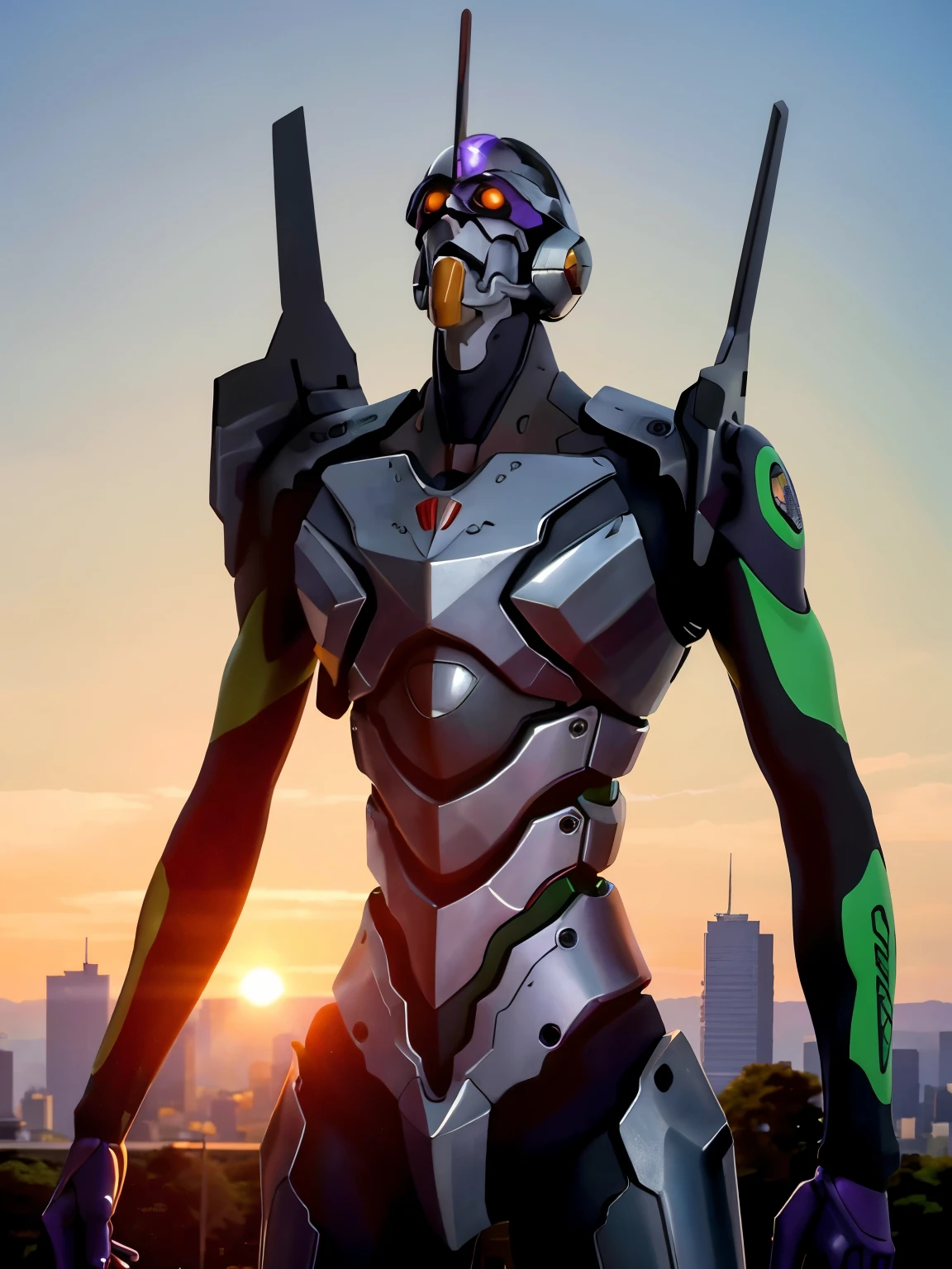 (Eva01), (Eva初号機),Realistic, Eva, evangelion mecha Realistic, SF,  Staring at the Audience  , (Official Art,  Mejor calidad  , masterpiece: 1.2), High image quality, background, 8K HDR,(Extremely biological ),(  has a pro knife  ),( see a beautiful abstract background {x}  smooth body surface like a living thing  ),(  futuristic city with few bullets beautiful organic ),(  head is the first unit  ),( Organic giant  ), full body portrait,(  broadshoulder  ),( Musculoskeletal々),( with a crooked back ),( Saturn Stance ),(  can see internal teeth when opening the mouth  ),(  Beautiful Sunsets  ),