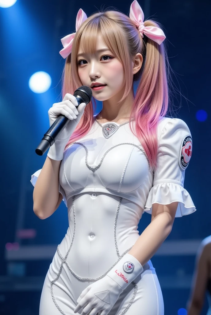 1girl,gal,looking away,(microphone, hold microphone, sing with microphone),(golden,pink hair,two-tone hair),long hair,twintails,Pink bow,Idol Girl,smile,on the stage,detailed background, idol concert, 
Modified into a cute cyborg, (blue led eyes:1.3), (white bio acrylic body:1.2), ,,detailed connection lines, Wires and cables connecting to the head, cybernetics, cyber 3ink, intricate decorative details, 
sexy women,large breasts,artistic photography,outdoor,Realistic photo,indoors,concert