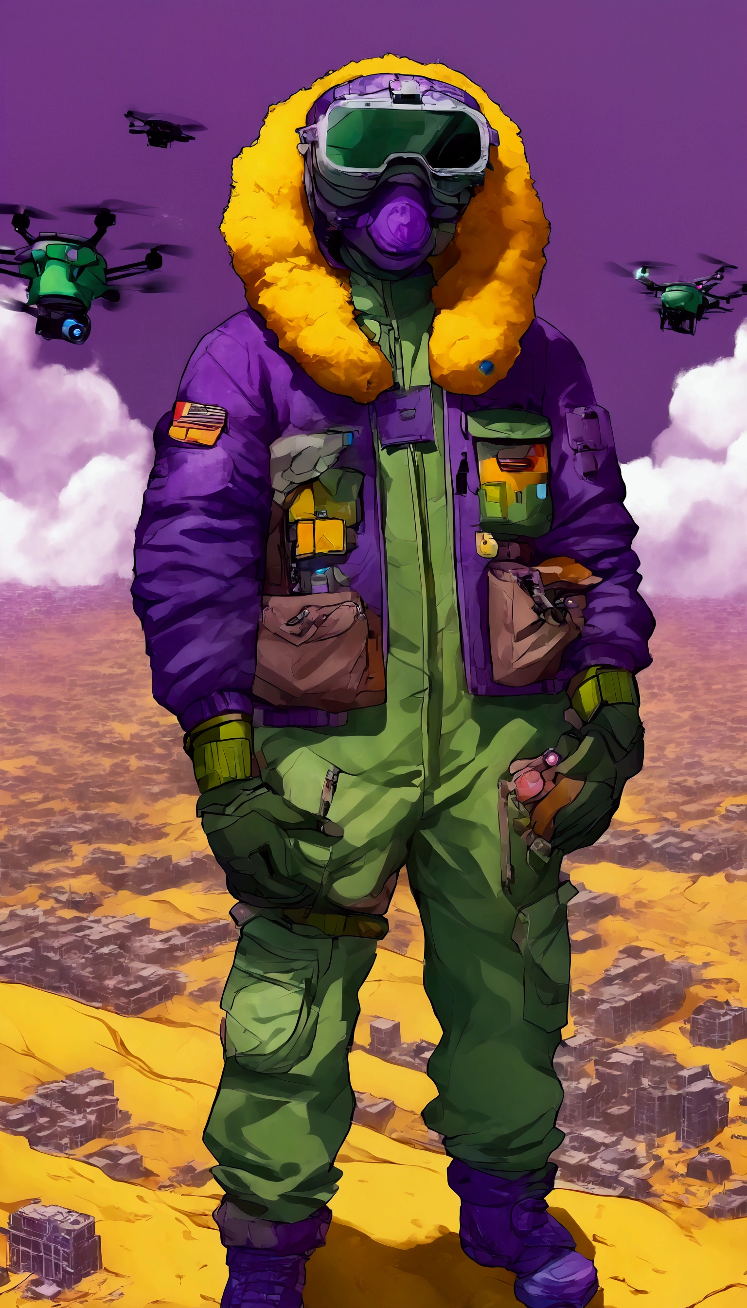  full body image, ( Ultra detailed, ultra high resolution , detailed background),((2d)),((flat color)),((dull color)), Just coming out of the fog :1.5,   looking at the viewer , baggy flight suit,  large bomber jacket with sheepskin collar, (yellow, Violet, , green, orange:1.3), Plush necklace,  full body image,  use virtual reality goggles , ((Baron&#39; Intricut Desert Background )), ((apocalyptic city)),  full body in the frame , ((Drone next to you ))
