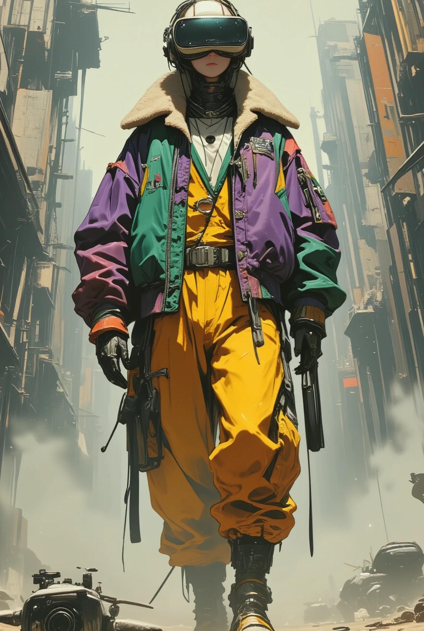  full body image, ( Ultra detailed, ultra high resolution , detailed background),((2d)),((flat color)),((dull color)), Just coming out of the fog :1.5,   Looking at the spectator, baggy flight suit,  large bomber jacket with sheepskin collar, (yellow, Violet, , green, orange:1.3), Plush necklace,  full body image,  use virtual reality goggles , ((Baron&#39; Intricut Desert Background )), ((apocalyptic city)),  full body in the frame , ((Drone next to you ))