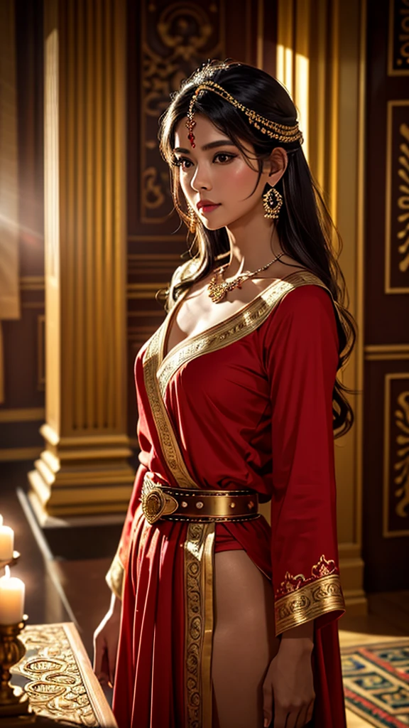 ((best quality, 8k,  masterpiece  :1.3)), sharp focus :1.2,  creates a realistic image of a beautiful, sexy, positive figure Indian girl.: 8.5 ( masterpiece เหมือนราชินี) ( Goddess-like body )  wearing beautiful outfits, red clothes, long skirts and oversized blouses. Plus size, V-neck  + belt, , adorned with ancient Mother of God ornaments , , stands in a well-lit room with lighting. Movie style . ((Front view, Random graceful gestures)),  and has an elegant and delicate posture . The background should complement the scene., , enhances the overall beauty of the image . Photographed by Brandon Woelfel, Full Shot: เลนส์ Canon EF 16-35mm f/2.The 8L III USM lens on the Canon EOS 5D Mark IV , Very realistic, 32K, HD