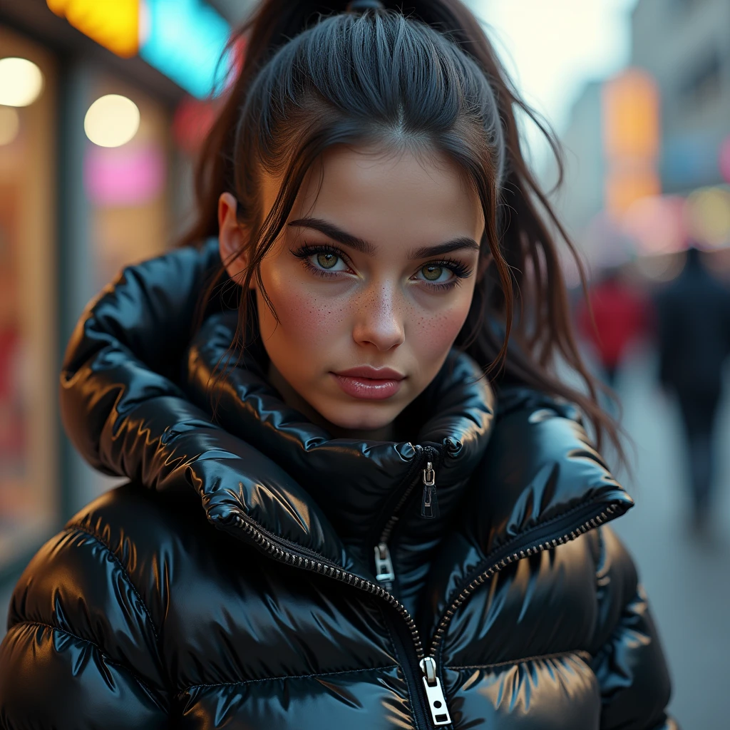 a slim ponytail girl,beautiful detailed eyes,beautiful freckles,beautiful detailed lips,extremely detailed eyes and face,longeyelashes,in beautiful detailed hooded formfitting duvetica overfilled shiny hyper gleamy hyper thick glossy unsealed puffer jacket covering her sealed hyper padded skisuit,latex glossy stirrup legging, puffy boots,symmetrical,standing in a pufferstore,masterpiece,cinematic,lifelike,hyperrealistic,8k,photorealistic,highly detailed,intricate,exquisite,elegant,beautiful,stunning