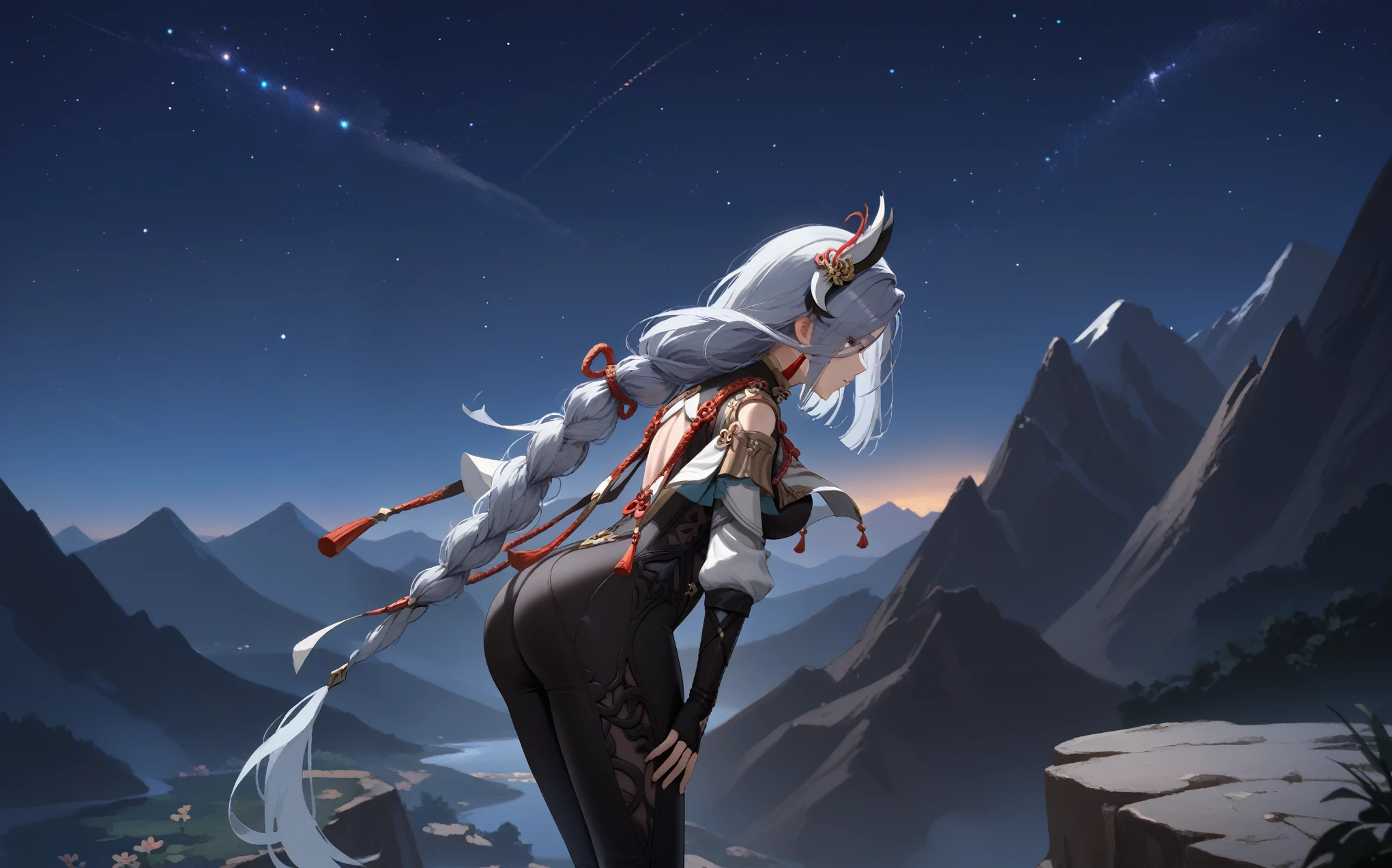 shenhe_(genshin_impact), 1girl, sky, solo, long_hair, hip_vent, night_sky, night, bodysuit, braid, hair_ornament, black_bodysuit, gloves, braided_ponytail, star_(sky), starry_sky, ass, grey_hair, breast_curtain, black_gloves, outdoors, mountain, tassel, clothing_cutout, partially_fingerless_gloves, shoulder_cutout